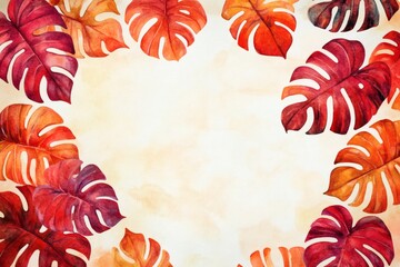 Watercolor red and orange monstera leaves background