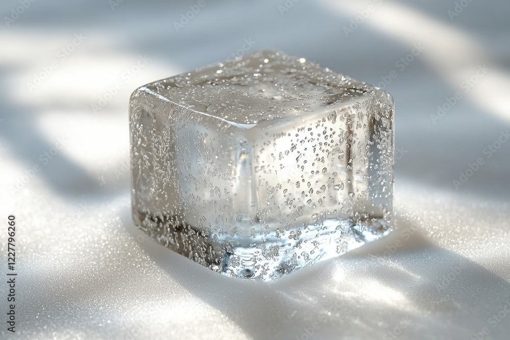 Aufkleber a clear ice cube with bubbles resting on a soft surface.