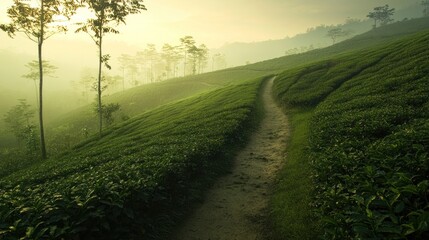 Obraz premium Serene Morning Path Through Lush Green Tea Plantation