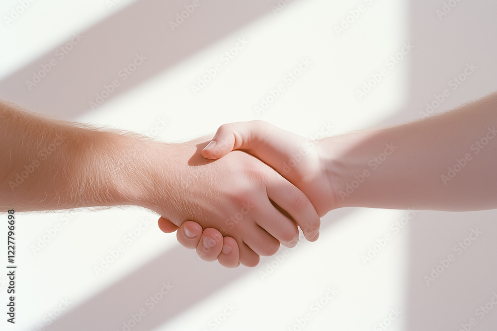 Poster Two hands shake firmly, merging into a singular abstract shape, showcasing unity and collaboration in a minimalist space with soft light illuminating the scene