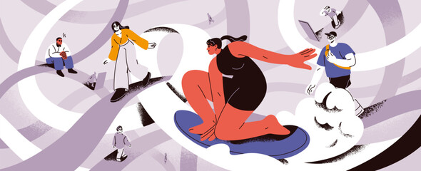 Life paths, psychology concept. People choosing among multiple routes, crossed road maze. Walking way, journey with different opportunities. Flat vector illustration isolated on white background