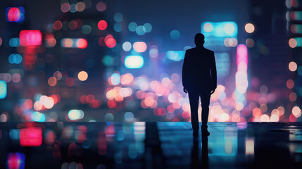A man in a suit stands on a rooftop, facing a cityscape of colorful lights.