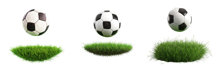 Obraz premium ]Set of A classic black-and-white soccer ball resting on freshly cut green grass under a bright on transparent png background. Ai generated