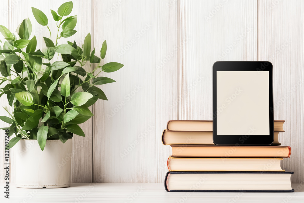 Poster an e-reader rests upright on top of a stack of books on a simple wooden desk, accompanied by a small