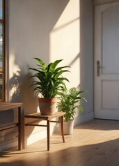 Fototapeta premium Potted plant on wooden bench in sunlit entryway, wooden bench, natural beauty