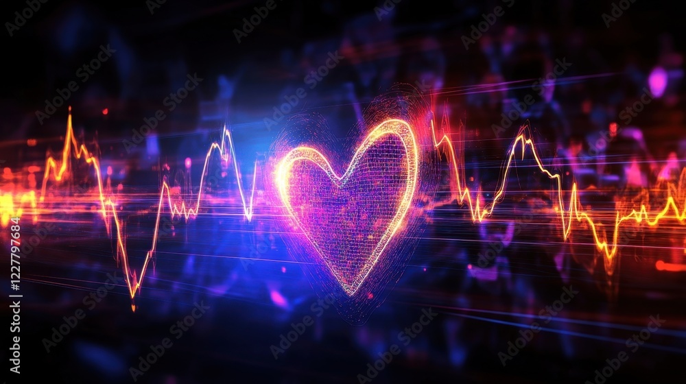 Poster a holographic heartbeat line illustrating the ebb and flow of shared exchanges that pulse through a 
