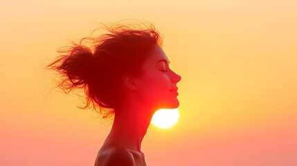Morning Serenity, a woman’s silhouette with a gentle smile illuminated by a vivid sunrise, embodying the essence of new beginnings and tranquility.