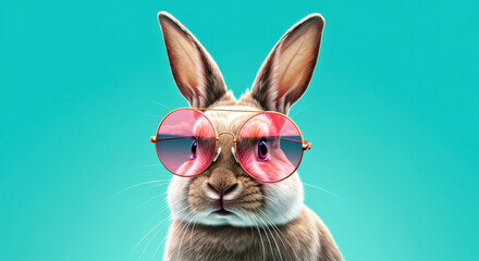 Stylish Rabbit Wearing Pink Sunglasses Against Turquoise Background
