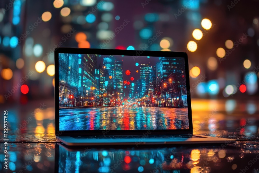 Poster laptop displaying a nighttime cityscape with blurred lights reflected on a wet surface . a laptop il