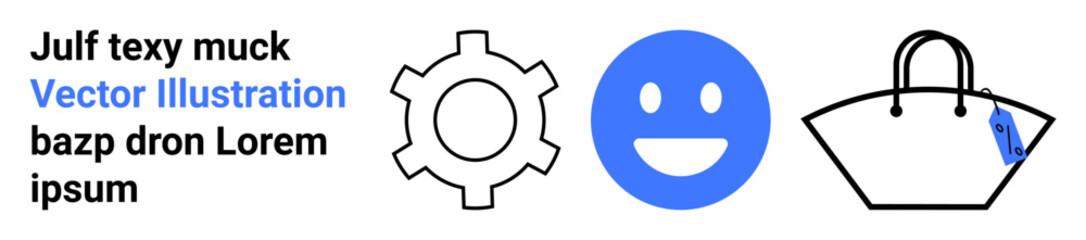 Gear, blue happy face, and handbag with price tag symbolize technology, emotion, and shopping concepts. Ideal for e-commerce, marketing, emotion tracking, retail technology business flat landing