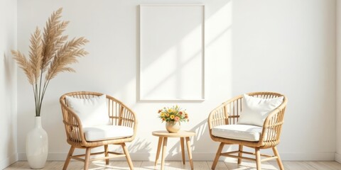 Serene Minimalist Interior Design Featuring Two Rattan Chairs and a Blank Canvas for Your Artwork