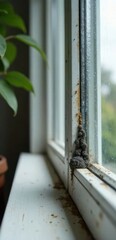 Close-up View of Window Frame with Signs of Deterioration and Insect Infestation