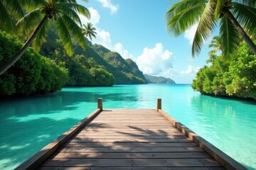 Fototapeta premium Rustic wooden dock extends over calm turquoise water, lush tropical foliage backdrop, weathered wood, blue, relaxation