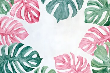Watercolor green and pink monstera leaves background