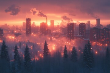 Fototapeta premium A breathtaking cityscape at sunset, featuring towering skyscrapers and industrial buildings emitting thick smoke into the sky.
