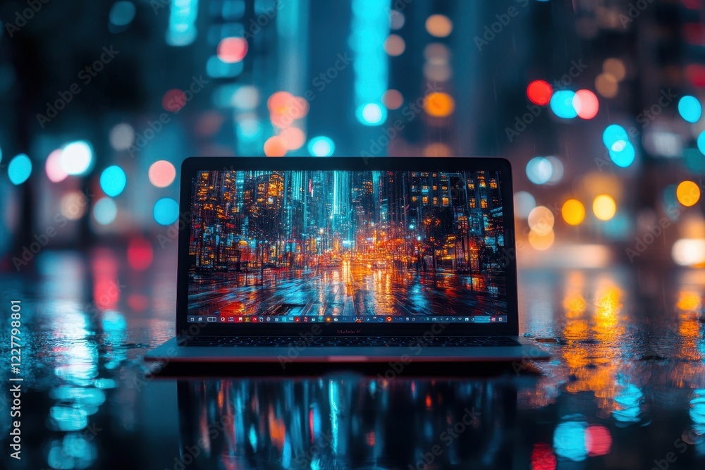 Poster laptop displaying a nighttime cityscape with blurred lights reflected on a wet surface . a laptop il