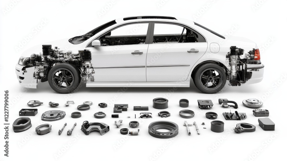 Poster detailed view of a car with transparent side showcasing internal parts and components, ideal for aut
