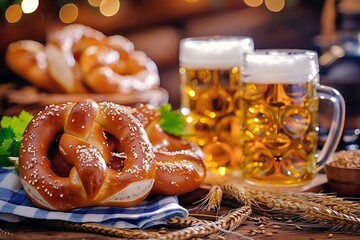 Two mugs of beer with pretzel on the background of the Christmas tree