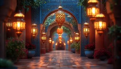 Obraz premium Atmospheric Archway Corridor with Hanging Traditional Lanterns and Intricate Mosaic Detailing