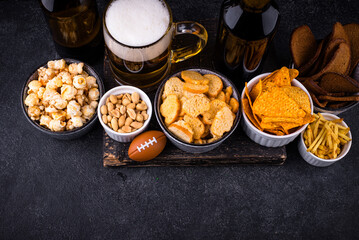 Beer and different snacks for Superbowl or football party