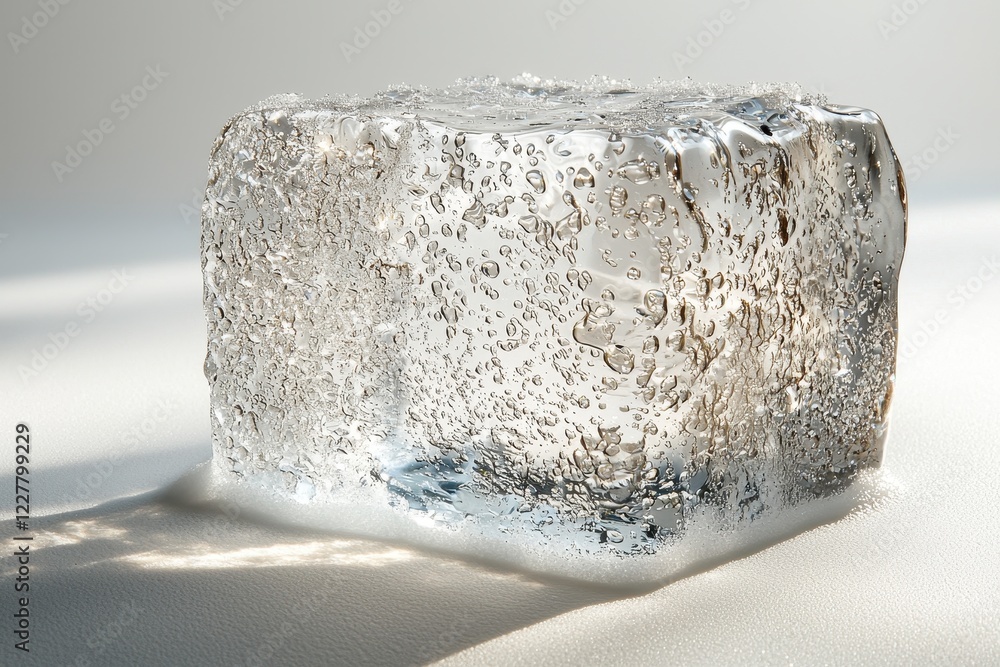 Poster a clear ice cube with bubbles, reflecting light and creating a serene effect.