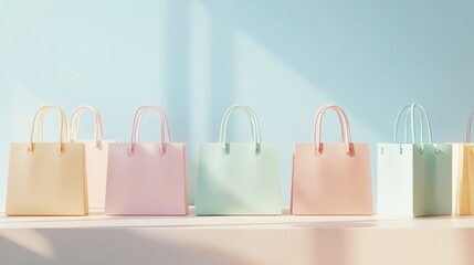 Pastel shopping bags on table, sunny background, online retail