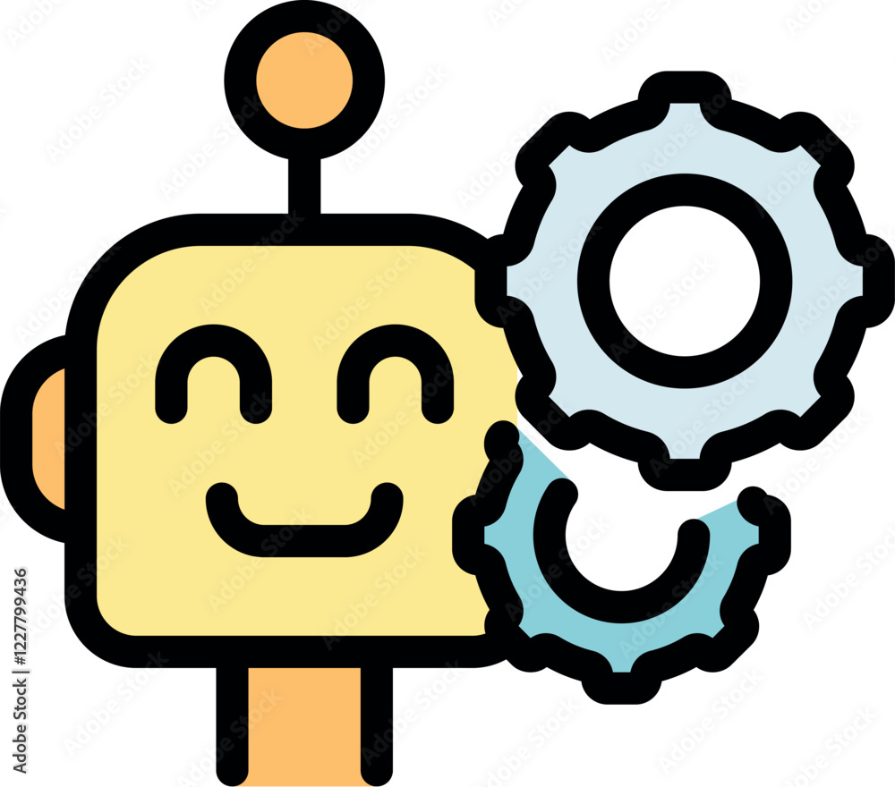 Poster cartoon illustration of a thinking robot with rotating gears, representing artificial intelligence a