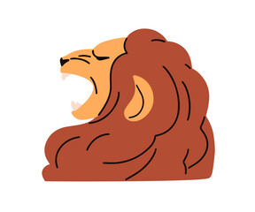Lion roaring. Wild jungle beast with majestic mane. King animal with open mouth, teeth, profile. Leo zodiac sign, astrological symbol avatar. Flat vector illustration isolated on white background