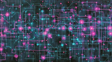 Abstract network of lines and dots on dark background with pink and blue lights for tech usage