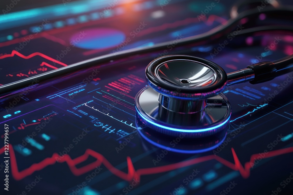 Poster stethoscope on digital health monitor with data visualization