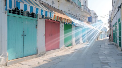 Obraz premium Colorful Doors in Narrow Street with Sunlight Rays in Town