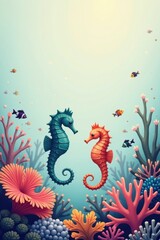 Obraz premium An Enchanting Underwater Scene Featuring Two Colorful Seahorses Amidst Vibrant Coral Reefs and Playful Fish