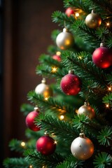 Christmas tree decorated with ornaments, ornaments, ribbons, festive lights