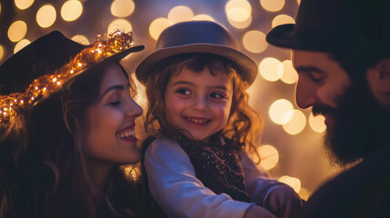 Happy family celebrating with festive lights