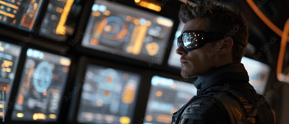 Poster futuristic operator analyzing data in high-tech control room