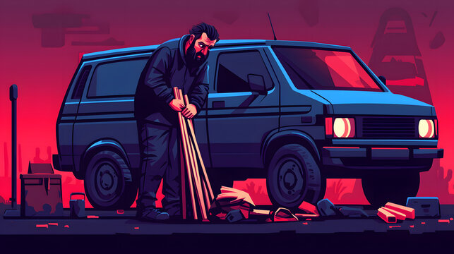 Mysteriöse Illustration – Mann mit Van in dystopischer Stadtlandschaft
- Powered by Adobe