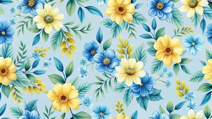 Floral design featuring blue and yellow flowers and leaves arranged in a seamless pattern on a light blue background, creating a calming and soothing effect , floral pattern, nature-inspired design