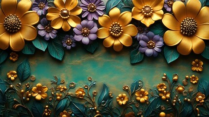 Golden, purple 3D flowers teal background, decor