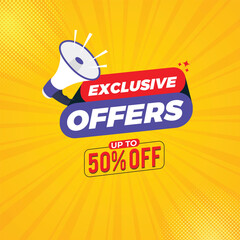 Exclusive offer Banner. Exclusive offers social media post template. Offers vector template set design.
Simple and modern vector illustration with Red background. 50% Discount banner, sticker, poster,