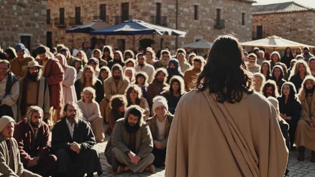 A Crowd Listening to Jesus' Words in the Square
