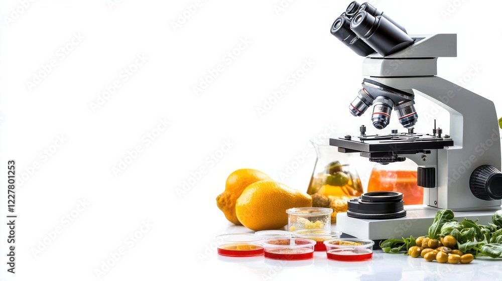 Poster laboratory setup featuring a microscope with citrus fruits and various liquids in glass containers