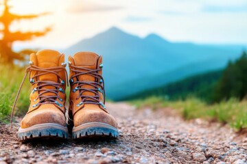 New hiking boots ready for adventure on a dirt trail with mountains in the background