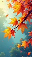 Cartoon illustration of a branch with vibrant autumn leaves, artistic render, fall theme, cartoon leaves