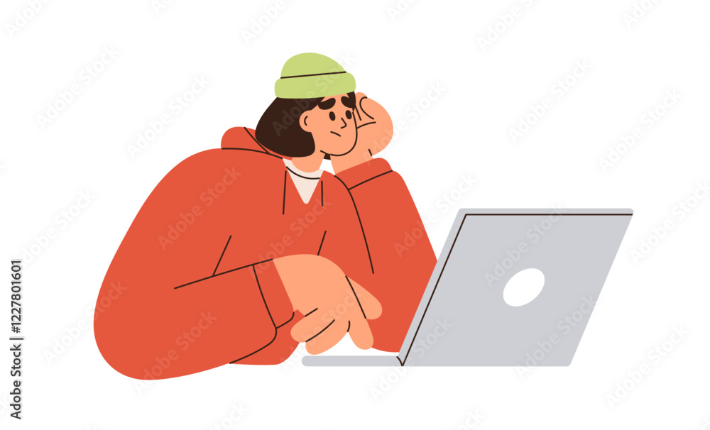 Poster young man studying at laptop. bored upset student sitting at notebook computer. remote freelance wor