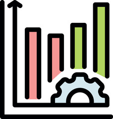 Colorful bar graph is growing, with a gear representing productivity increase and process optimization