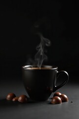 Dark Roast Coffee with Steam and Chocolate Candies on a Black Surface