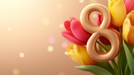 Bright number eight surrounded by vibrant tulips on a soft pastel background