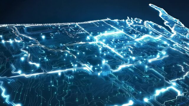 Digital map of the United States as a glowing circuit board. Semiconductor industry, chip manufacturing, and technological infrastructure.