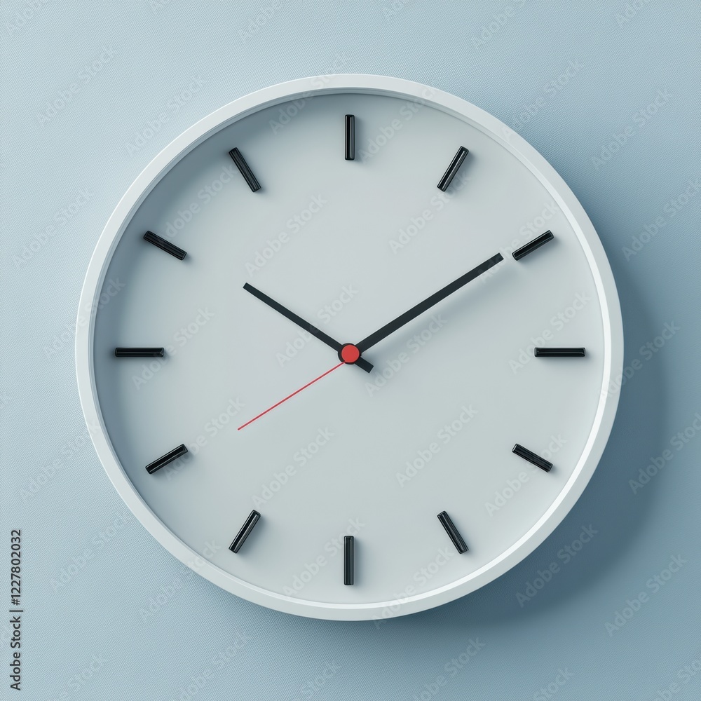 Poster modern wall clock displaying time on light blue background with minimalist design. generative ai