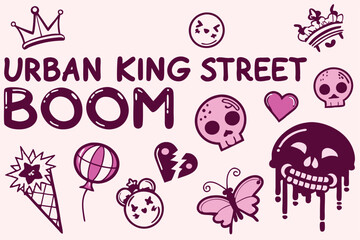 Graffiti icons, urban street art, pink and black color scheme, dripping paint effect, punk aesthetic, skull motif, heart symbol, butterfly design, scorpion silhouette, smiley faces, crown icon, animal